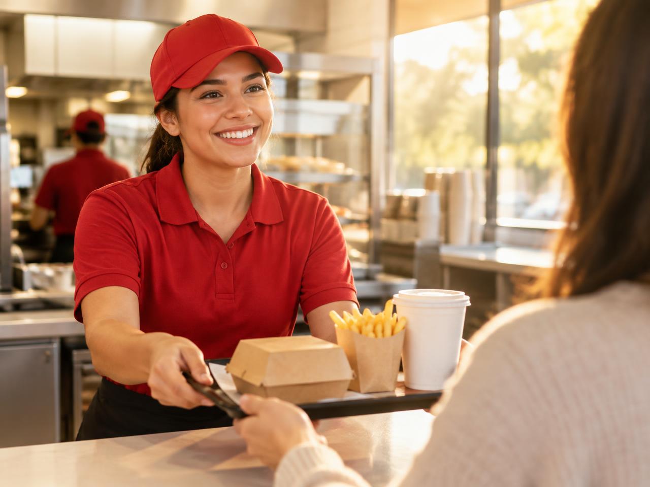 Smiling crew member serving a guest at the counter